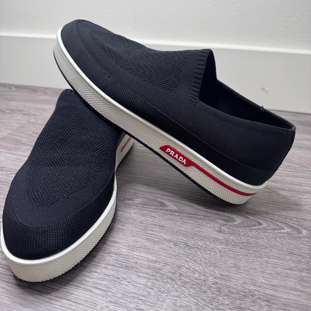 Prada Black Knit Slip-On Sneakers – Size 38 – Made in Italy